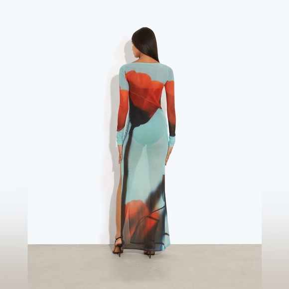 Rat & Boa Blue Red Floral Tulip Sheer Santino Maxi dress long sleeve XL NWOT - Picture 3 of 9